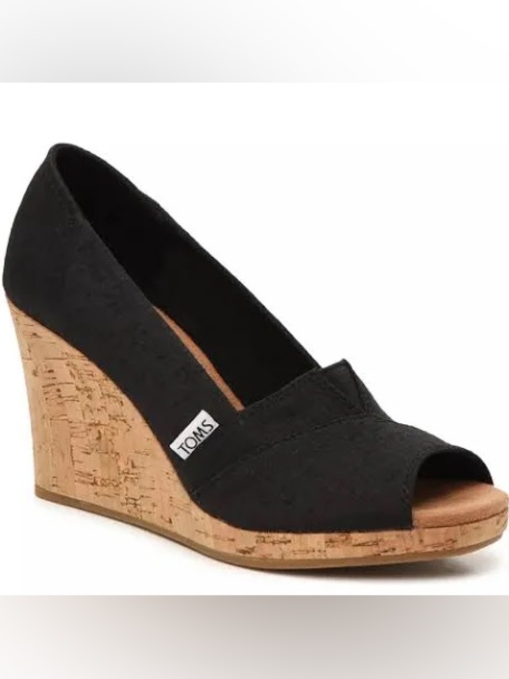 Toms Classic Black Canvas Peep-Toe Wedge